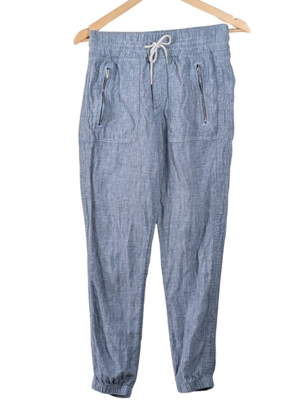 Athleta Cabo 100% Linen Chambray Blue Joggers Zip Pockets Size 0